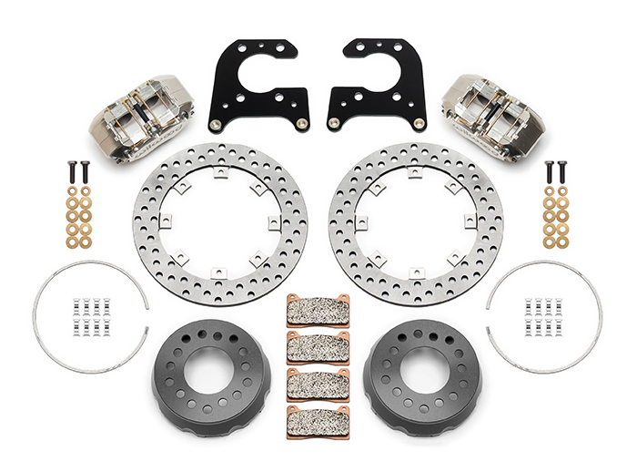 Wilwood Dynapro SA Lug Drive Dynamic Rear Drag Brake Kit Parts Laid Out - Nickel Plate Caliper - Drilled Rotor