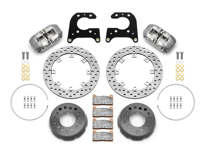 Wilwood Dynapro SA Lug Drive Dynamic Rear Drag Brake Kit Parts Laid Out - Type III Anodize Caliper - Drilled Rotor