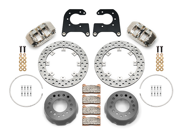 Wilwood Dynapro SA Lug Drive Dynamic Rear Drag Brake Kit Parts Laid Out - Nickel Plate Caliper - Drilled Rotor
