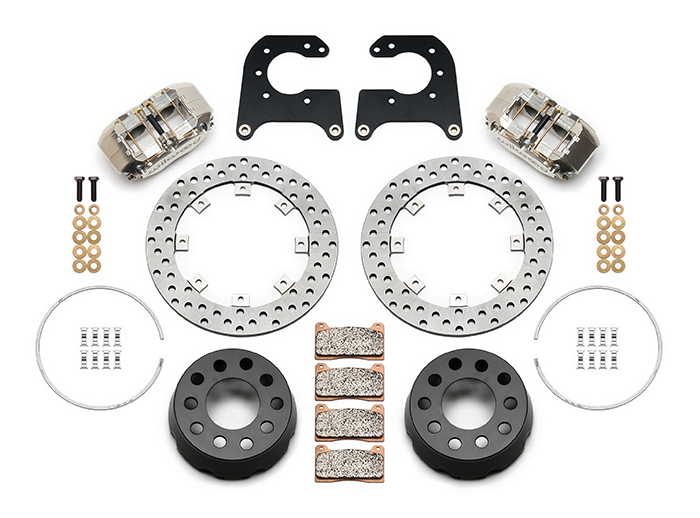 Wilwood Dynapro SA Lug Drive Dynamic Rear Drag Brake Kit Parts Laid Out - Nickel Plate Caliper - Drilled Rotor