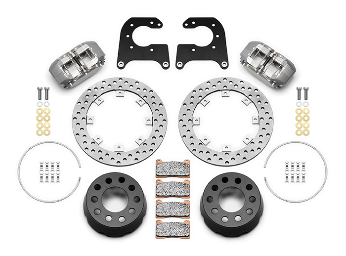 Wilwood Dynapro SA Lug Drive Dynamic Rear Drag Brake Kit Parts Laid Out - Type III Anodize Caliper - Drilled Rotor