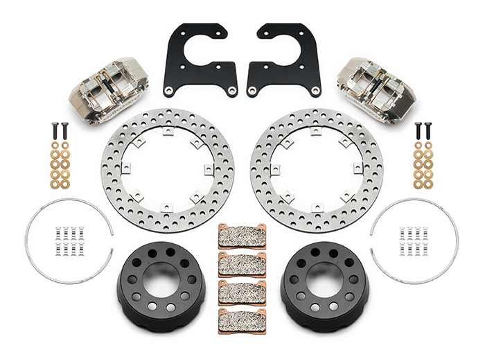 Wilwood Dynapro SA Lug Drive Dynamic Rear Drag Brake Kit Parts Laid Out - Nickel Plate Caliper - Drilled Rotor