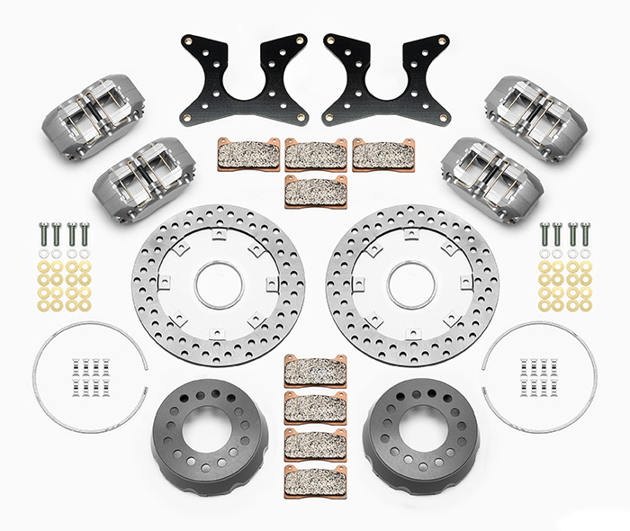 Wilwood Dynapro Dual SA Lug Drive Dynamic Rear Drag Brake Kit Parts Laid Out - Type III Anodize Caliper - Drilled Rotor