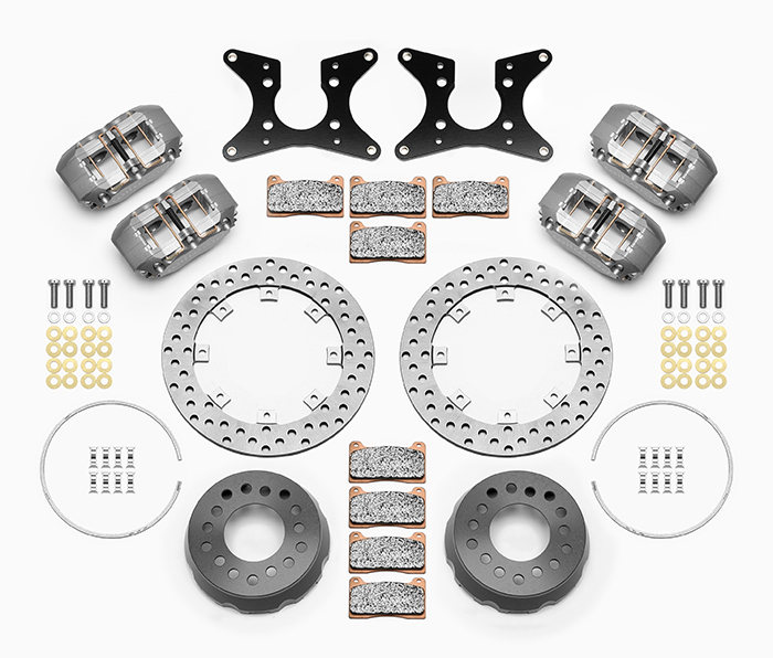 Wilwood Dynapro Dual SA Lug Drive Dynamic Rear Drag Brake Kit Parts Laid Out - Type III Anodize Caliper - Drilled Rotor