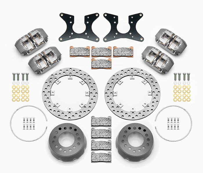 Wilwood Dynapro Dual SA Lug Drive Dynamic Rear Drag Brake Kit Parts Laid Out - Type III Anodize Caliper - Drilled Rotor