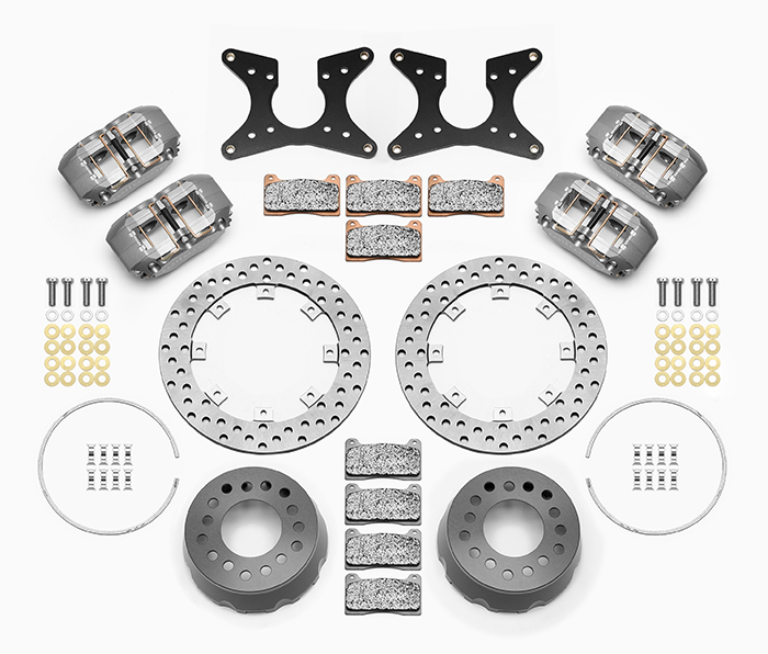 Wilwood Dynapro Dual SA Lug Drive Dynamic Rear Drag Brake Kit Parts Laid Out - Type III Anodize Caliper - Drilled Rotor