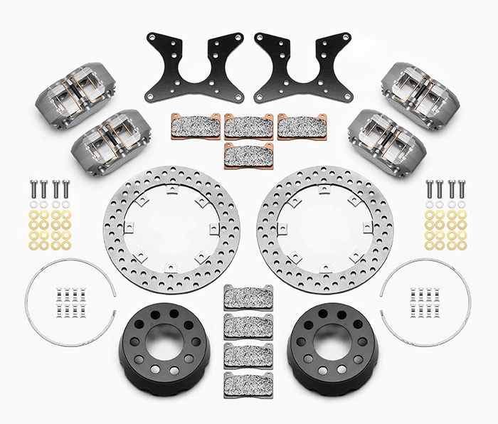 Wilwood Dynapro Dual SA Lug Drive Dynamic Rear Drag Brake Kit Parts Laid Out - Type III Anodize Caliper - Drilled Rotor