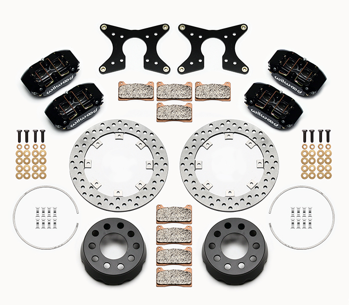 Wilwood Dynapro Dual SA Lug Drive Dynamic Rear Drag Brake Kit Parts Laid Out - Type III Ano Caliper - Drilled Rotor