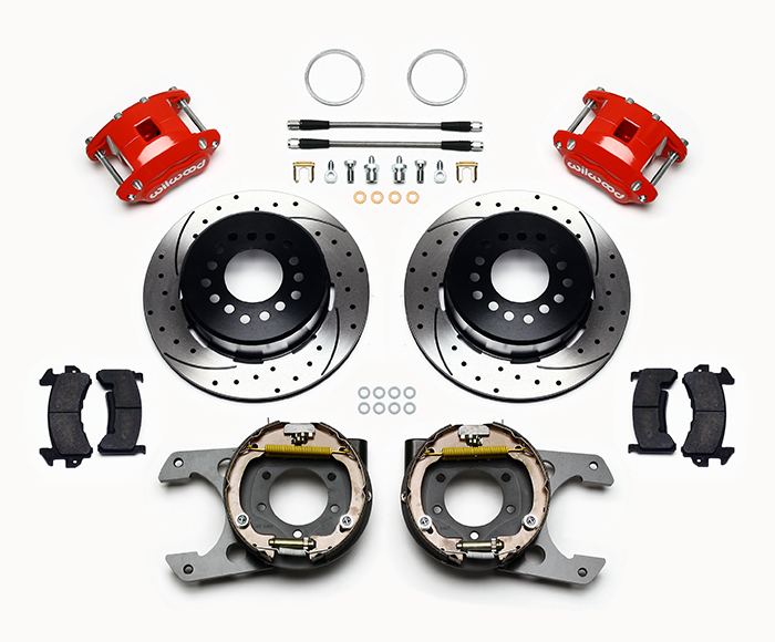 Wilwood D154 Rear Parking Brake Kit Parts Laid Out - Red Powder Coat Caliper - SRP Drilled & Slotted Rotor