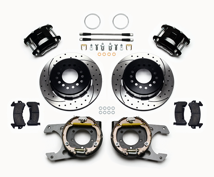 Wilwood D154 Rear Parking Brake Kit Parts Laid Out - Black Powder Coat Caliper - SRP Drilled & Slotted Rotor