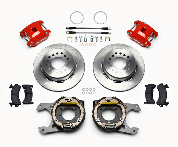 Wilwood D154 Rear Parking Brake Kit Parts Laid Out - Red Powder Coat Caliper - Plain Face Rotor