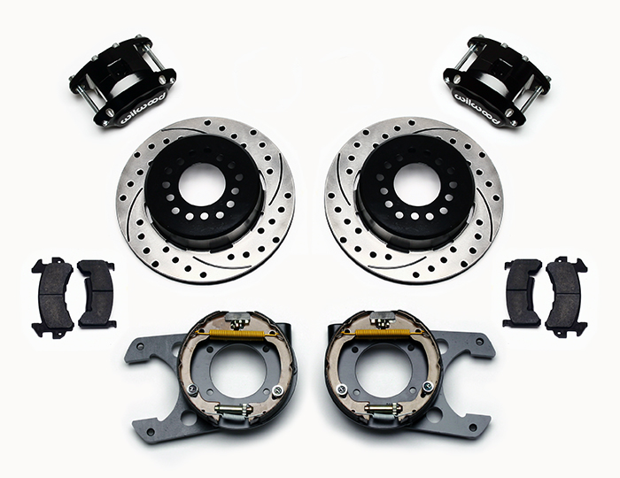 Wilwood D154 Rear Parking Brake Kit Parts Laid Out - Black Powder Coat Caliper - SRP Drilled & Slotted Rotor