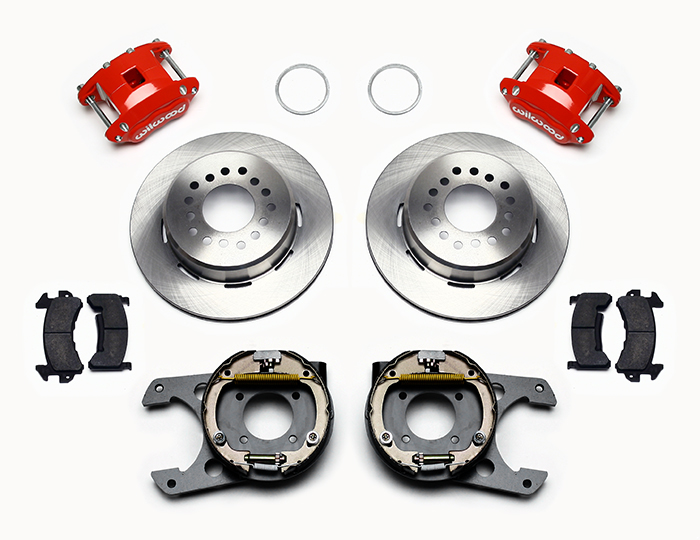 Wilwood D154 Rear Parking Brake Kit Parts Laid Out - Red Powder Coat Caliper - Plain Face Rotor