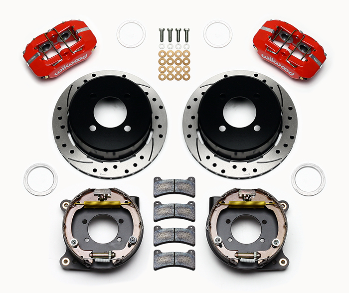 Wilwood Forged Dynapro Low-Profile Rear Parking Brake Kit Parts Laid Out - Red Powder Coat Caliper - SRP Drilled & Slotted Rotor