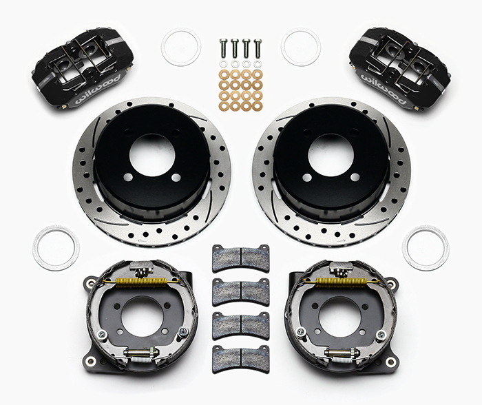 Wilwood Forged Dynapro Low-Profile Rear Parking Brake Kit Parts Laid Out - Black Powder Coat Caliper - SRP Drilled & Slotted Rotor