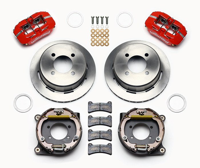 Wilwood Forged Dynapro Low-Profile Rear Parking Brake Kit Parts Laid Out - Red Powder Coat Caliper - Plain Face Rotor