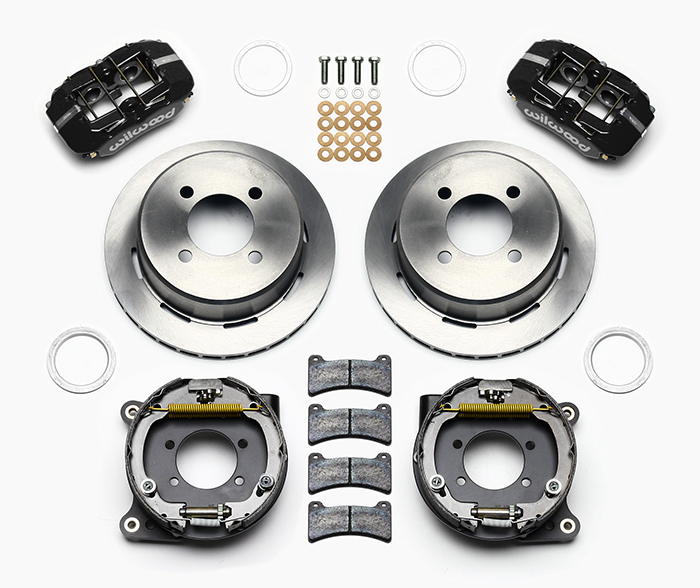 Wilwood Forged Dynapro Low-Profile Rear Parking Brake Kit Parts Laid Out - Black Powder Coat Caliper - Plain Face Rotor