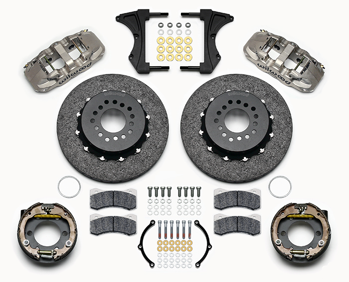 Wilwood AERO4 WCCB Carbon-Ceramic Big Brake Rear Parking Brake Kit Parts Laid Out - Nickel Plate Caliper - Plain Face Rotor
