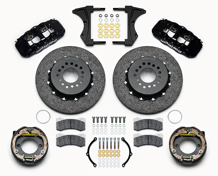 Wilwood AERO4 WCCB Carbon-Ceramic Big Brake Rear Parking Brake Kit Parts Laid Out - Black Powder Coat Caliper - Plain Face Rotor