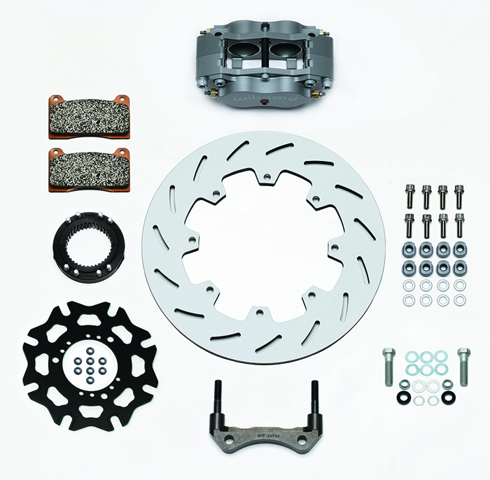 Wilwood Billet Narrow Dynalite Radial Mount Sprint Inboard Brake Kit Parts Laid Out - Type III Anodize Caliper - Slotted Rotor