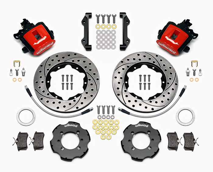 Wilwood Combination Parking Brake Caliper Rear Brake Kit Parts Laid Out - Red Powder Coat Caliper - SRP Drilled & Slotted Rotor