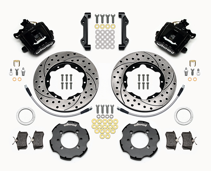 Wilwood Combination Parking Brake Caliper Rear Brake Kit Parts Laid Out - Black Powder Coat Caliper - SRP Drilled & Slotted Rotor