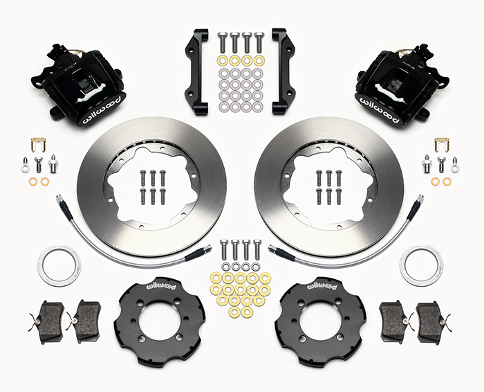 Wilwood Combination Parking Brake Caliper Rear Brake Kit Parts Laid Out - Black Powder Coat Caliper - Plain Face Rotor