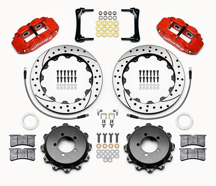 Wilwood Forged Narrow Superlite 4R Big Brake Rear Brake Kit For OE Parking Brake Parts Laid Out - Red Powder Coat Caliper - SRP Drilled & Slotted Rotor