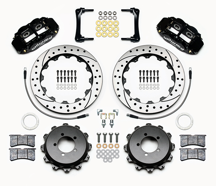 Wilwood Forged Narrow Superlite 4R Big Brake Rear Brake Kit For OE Parking Brake Parts Laid Out - Black Powder Coat Caliper - SRP Drilled & Slotted Rotor