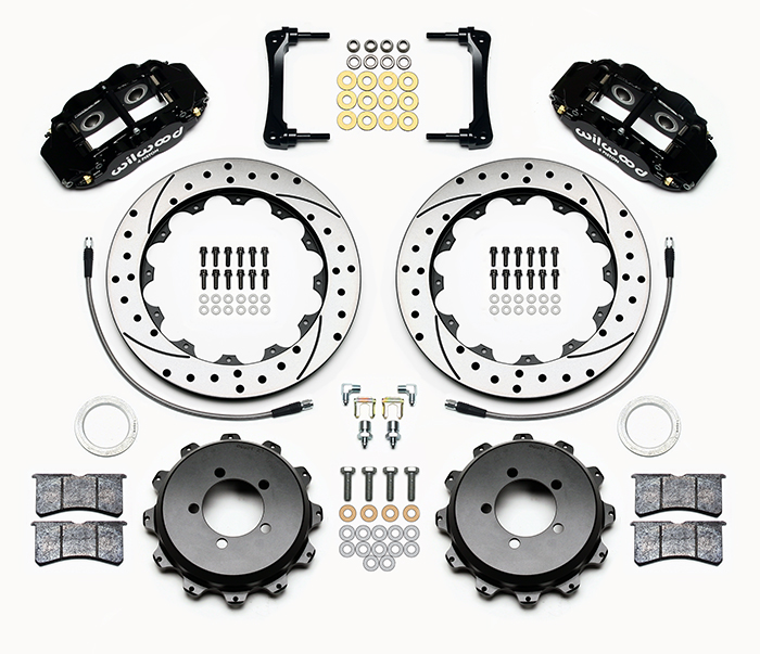 Wilwood Forged Narrow Superlite 4R Big Brake Rear Brake Kit For OE Parking Brake Parts Laid Out - Black Powder Coat Caliper - SRP Drilled & Slotted Rotor