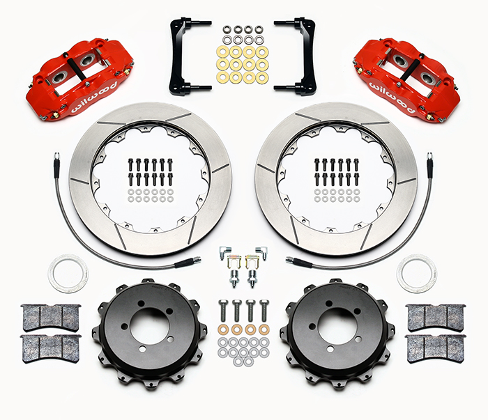 Wilwood Forged Narrow Superlite 4R Big Brake Rear Brake Kit For OE Parking Brake Parts Laid Out - Red Powder Coat Caliper - GT Slotted Rotor