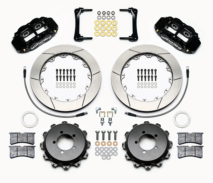 Wilwood Forged Narrow Superlite 4R Big Brake Rear Brake Kit For OE Parking Brake Parts Laid Out - Black Powder Coat Caliper - GT Slotted Rotor