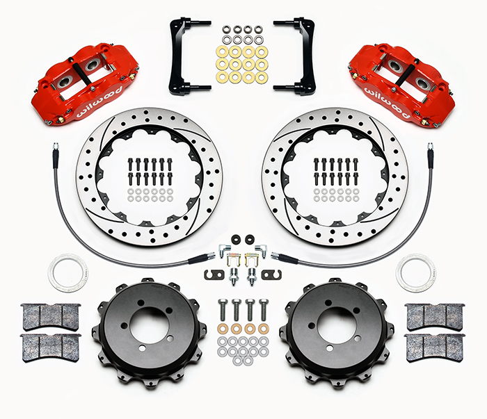 Wilwood Forged Narrow Superlite 4R Big Brake Rear Brake Kit For OE Parking Brake Parts Laid Out - Red Powder Coat Caliper - SRP Drilled & Slotted Rotor