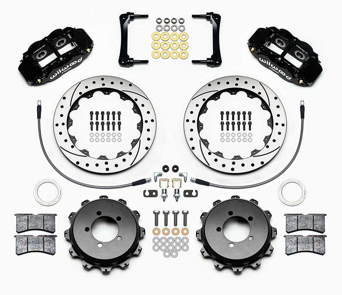 Wilwood Forged Narrow Superlite 4R Big Brake Rear Brake Kit For OE Parking Brake Parts Laid Out - Black Powder Coat Caliper - SRP Drilled & Slotted Rotor