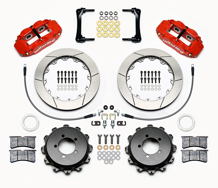 Wilwood Forged Narrow Superlite 4R Big Brake Rear Brake Kit For OE Parking Brake Parts Laid Out - Red Powder Coat Caliper - GT Slotted Rotor