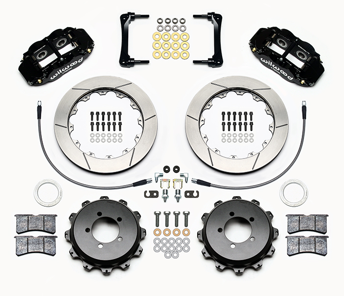 Wilwood Forged Narrow Superlite 4R Big Brake Rear Brake Kit For OE Parking Brake Parts Laid Out - Black Powder Coat Caliper - GT Slotted Rotor