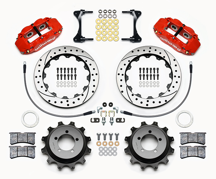 Wilwood Forged Narrow Superlite 4R Big Brake Rear Brake Kit For OE Parking Brake Parts Laid Out - Red Powder Coat Caliper - SRP Drilled & Slotted Rotor