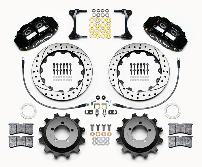 Wilwood Forged Narrow Superlite 4R Big Brake Rear Brake Kit For OE Parking Brake Parts Laid Out - Black Powder Coat Caliper - SRP Drilled & Slotted Rotor