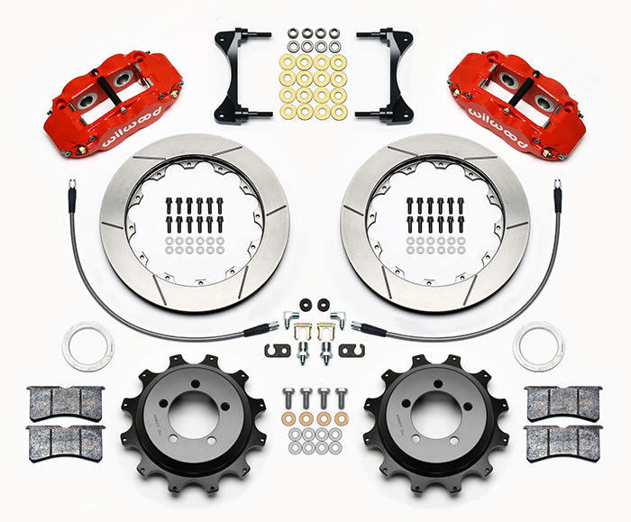 Wilwood Forged Narrow Superlite 4R Big Brake Rear Brake Kit For OE Parking Brake Parts Laid Out - Red Powder Coat Caliper - GT Slotted Rotor