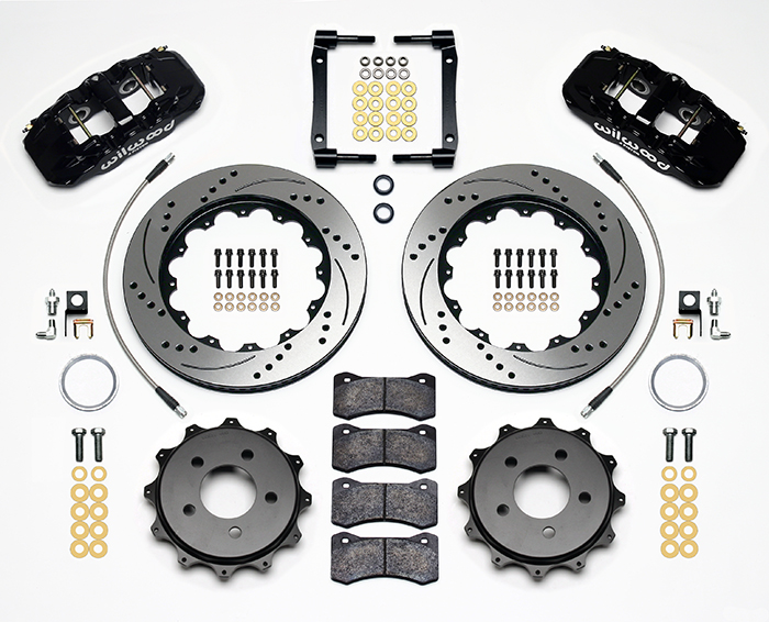 Wilwood AERO4 Big Brake Rear Brake Kit For OE Parking Brake Parts Laid Out - Black Powder Coat Caliper - SRP Drilled & Slotted Rotor