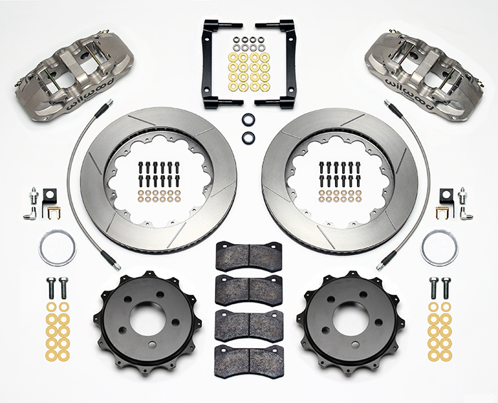 Wilwood AERO4 Big Brake Rear Brake Kit For OE Parking Brake Parts Laid Out - Nickel Plate Caliper - GT Slotted Rotor