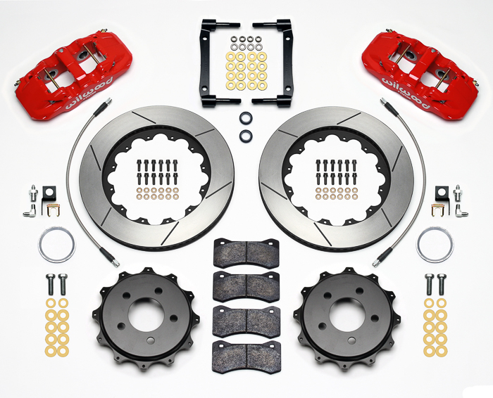 Wilwood AERO4 Big Brake Rear Brake Kit For OE Parking Brake Parts Laid Out - Red Powder Coat Caliper - GT Slotted Rotor