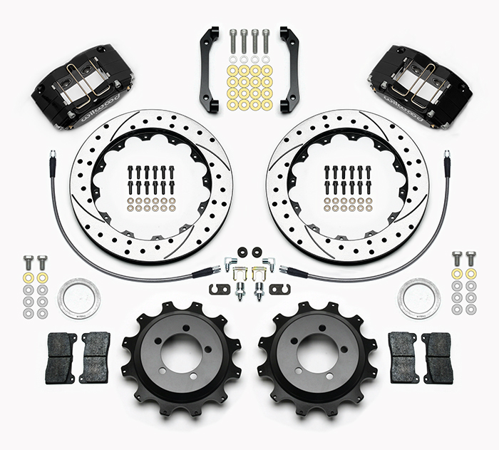 Wilwood Dynapro Radial Rear Brake Kit For OE Parking Brake Parts Laid Out - Black Powder Coat Caliper - SRP Drilled & Slotted Rotor