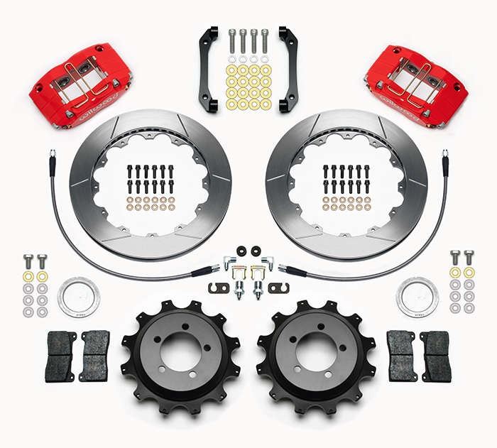 Wilwood Dynapro Radial Rear Brake Kit For OE Parking Brake Parts Laid Out - Red Powder Coat Caliper - GT Slotted Rotor