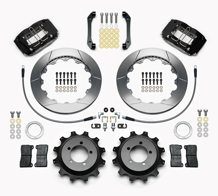 Wilwood Dynapro Radial Rear Brake Kit For OE Parking Brake Parts Laid Out - Black Powder Coat Caliper - GT Slotted Rotor