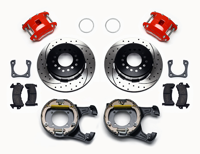 Wilwood D154 Rear Parking Brake Kit Parts Laid Out - Red Powder Coat Caliper - SRP Drilled & Slotted Rotor