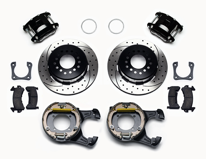 Wilwood D154 Rear Parking Brake Kit Parts Laid Out - Black Powder Coat Caliper - SRP Drilled & Slotted Rotor