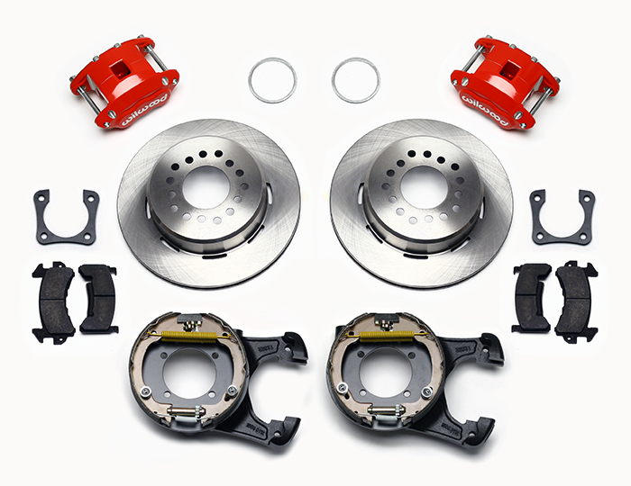Wilwood D154 Rear Parking Brake Kit Parts Laid Out - Red Powder Coat Caliper - Plain Face Rotor