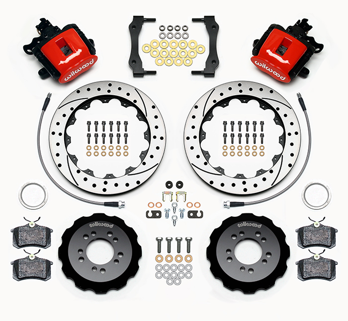 Wilwood Combination Parking Brake Caliper Rear Brake Kit Parts Laid Out - Red Powder Coat Caliper - SRP Drilled & Slotted Rotor
