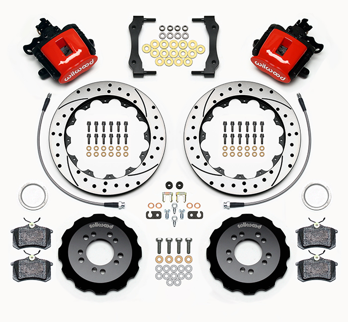 Wilwood Combination Parking Brake Caliper Rear Brake Kit Parts Laid Out - Red Powder Coat Caliper - SRP Drilled & Slotted Rotor